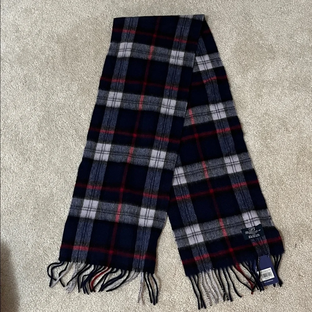 Ballantyne Plaid Wool Scarf in Navy, White, and Red | 100% Lambswool